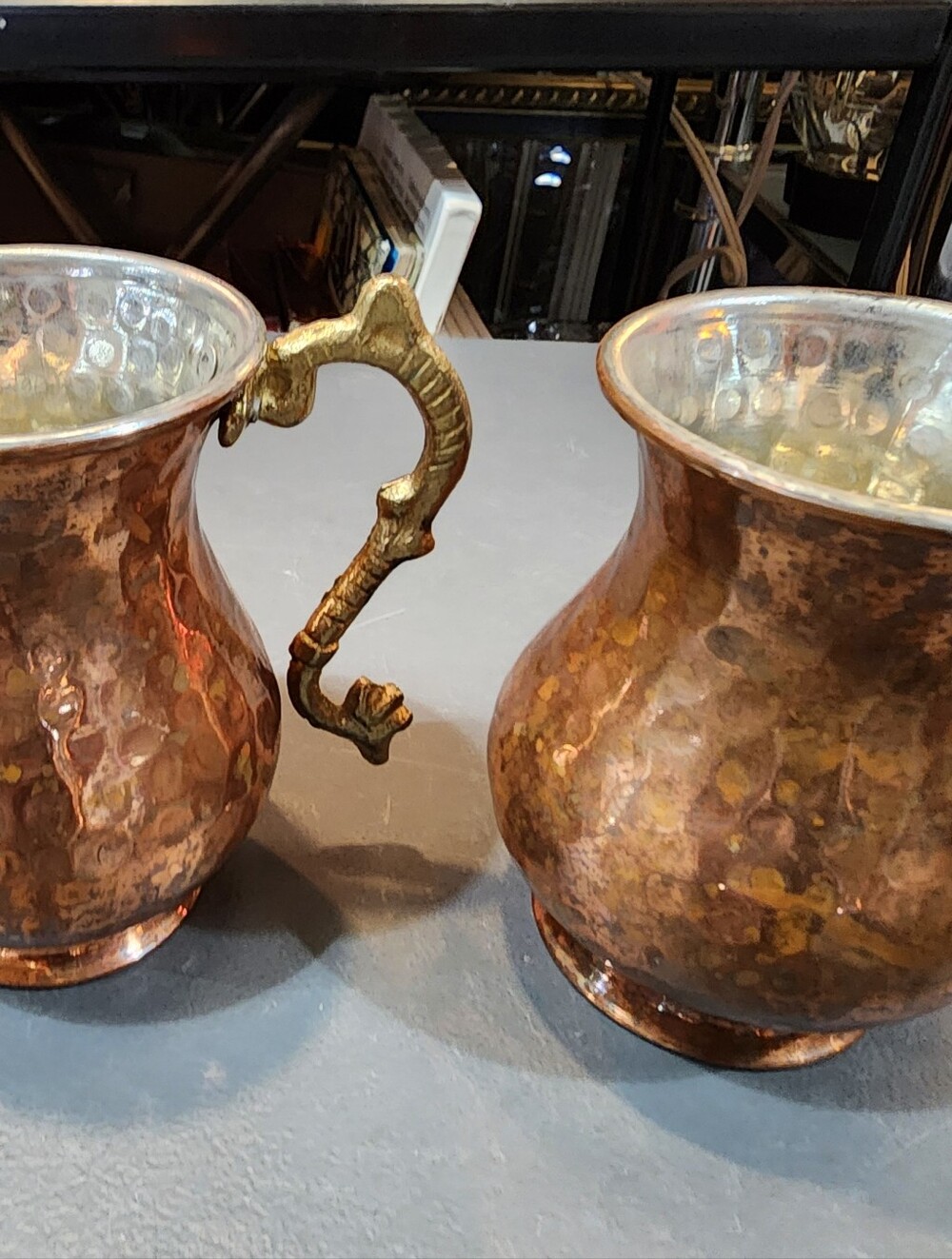 Turkish Hammered Copper Ayran Mugs, Brass Handles, 4in — Set of 2"